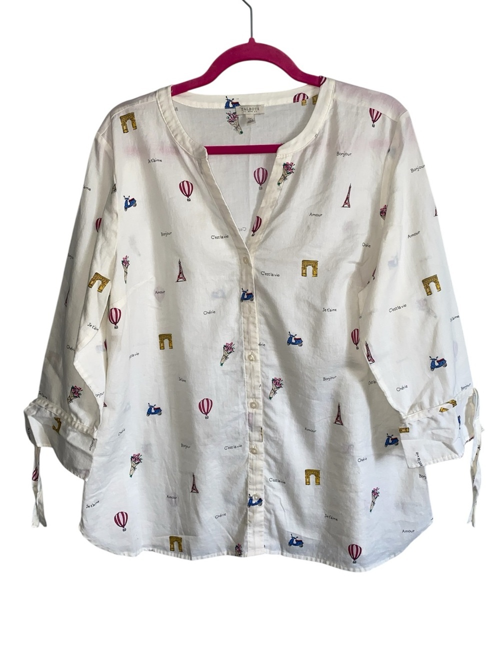 Talbots Button Up Blouse White Cotton Large Petite French Prints Classic Preppy
